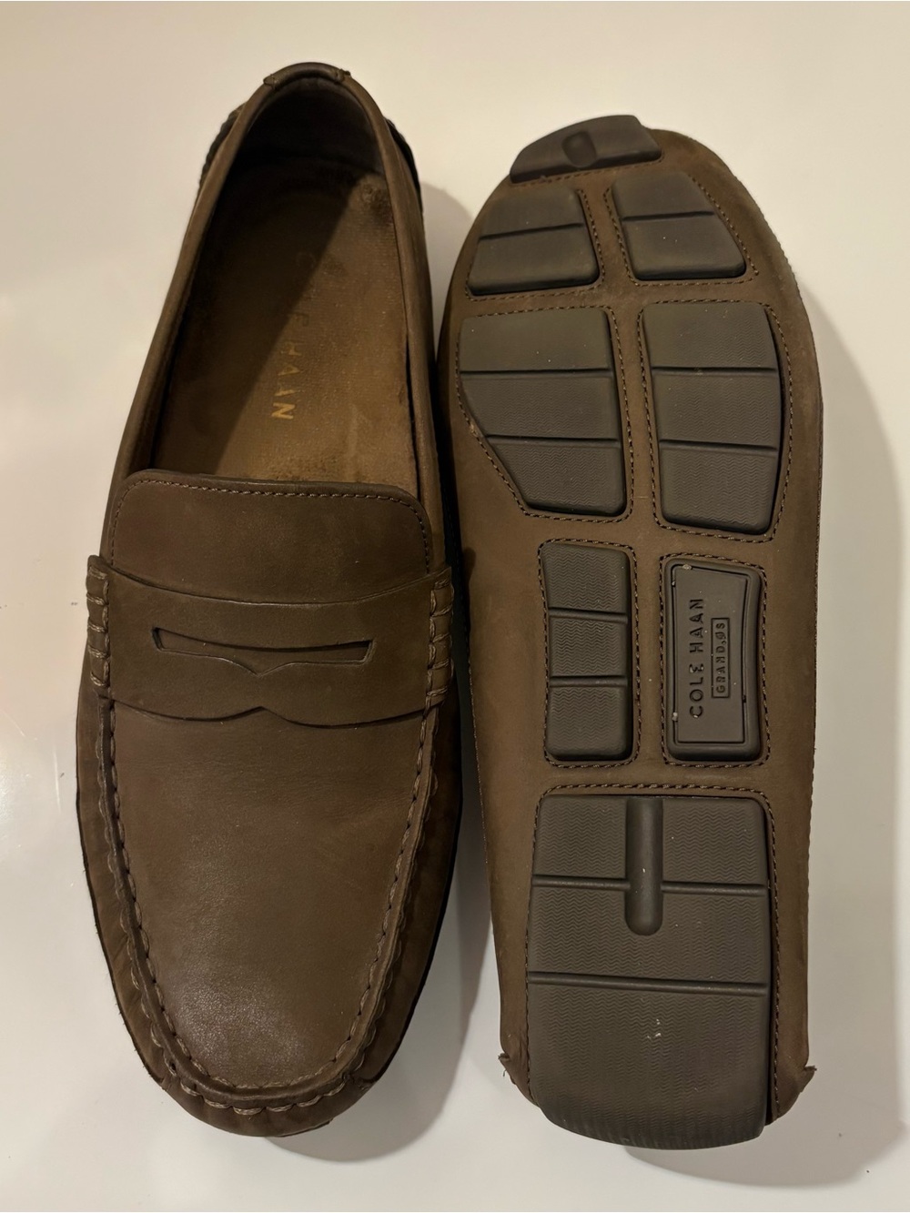 Cole Haan Wyatt Penny Driving Loafers in Riverstone Brown Suede Size 10.5